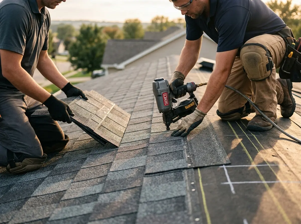 Professional roofer working on a residential roof in Newberg